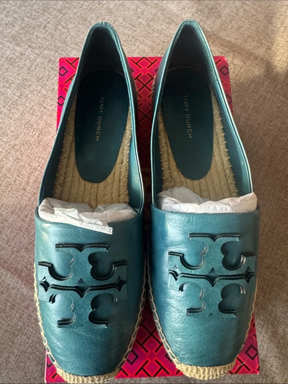 NWB Tory Burch Brisk Blue Ines Platform Leather Espadrille Goat Leather Sz 8